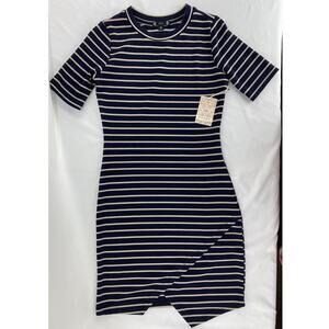 Iris Basic Womens Dress Medium Blue Tan Stripes Bodycon Asymmetrical Slit NWT